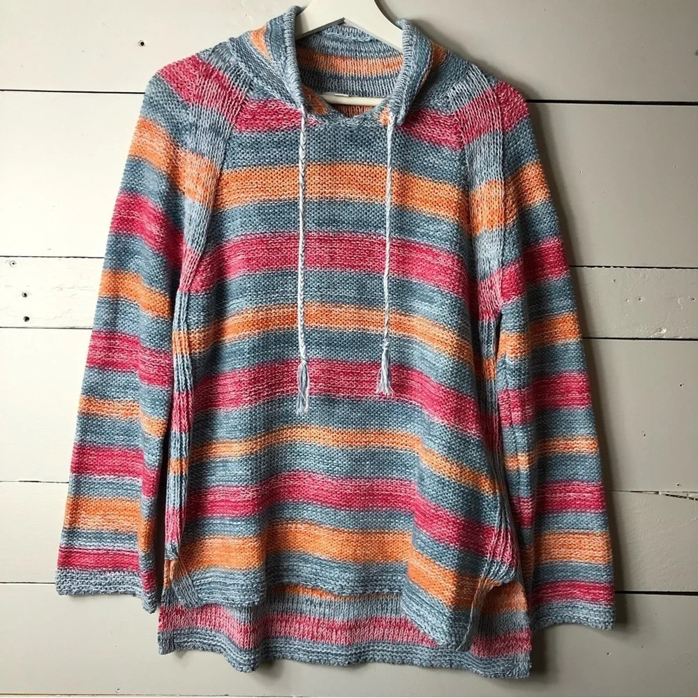 J. Jill Striped Hooded Pullover Sweater in Blue, Coral, Orange
